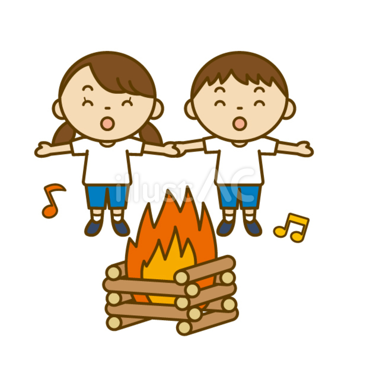 8月の中学生(キャンプファイヤーで踊る男子と女子) 中学生,8月,キャンプファイヤーのイラスト素材