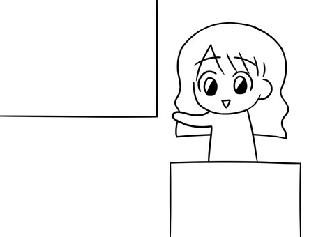 プレゼンをする女の子のイラスト（白黒） プレゼン,発表,女の子,手描き,シンプル,可愛い,モノクロのイラスト素材