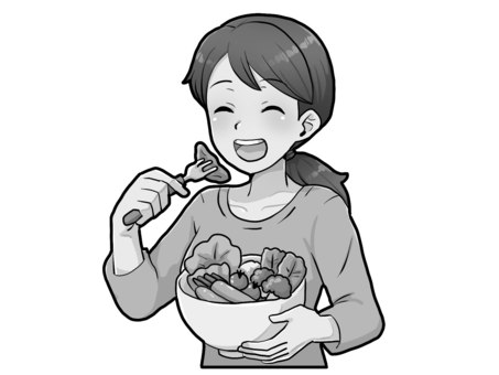 サラダ美味しい【グレースケール】 サラダ,ヴィーガン,ベジタリアン,野菜,女性,ヘルシー,健康,ダイエット,萌え絵,グレースケールのイラスト素材