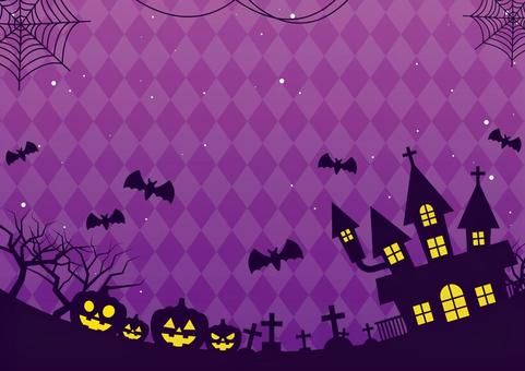 ハロウィンのカボチャと洋館の背景素材 秋,ハロウィン,洋館,かぼちゃ,蝙蝠,お墓,蜘蛛の巣,木,ポップ,背景のイラスト素材