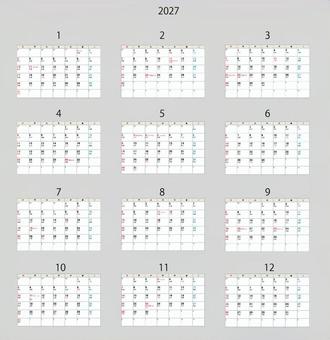 2027年年間カレンダー 2027年年間カレンダー 2027年,年間,カレンダー,卓上,六曜のイラスト素材