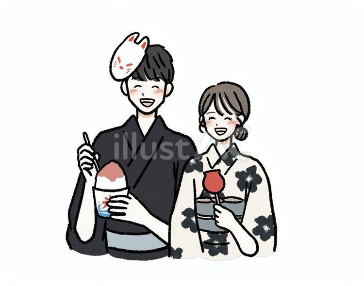 浴衣を着て、夏祭りに行く男性と女性 夏祭り,浴衣,カップルのイラスト素材