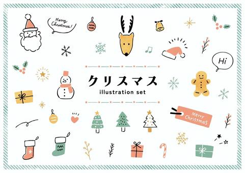 ゆるい手描きのクリスマスイラストカラー クリスマス,merrychristmas,サンタ,トナカイ,雪の結晶,雪,冬,プレセント,ヒイラギ,ベルのイラスト素材