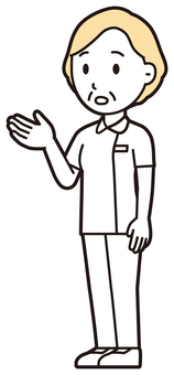  高齢看護師(黄)-584-全身 話す,プラチナナース,看護師,高齢,女性,老人,白衣,ナース,医療,病院のイラスト素材