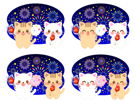 夏祭りを楽しむ猫のイラスト素材セット わたあめ,りんご飴,猫,動物,花火,飴,お菓子,食べ物,綿菓子,りんごのイラスト素材