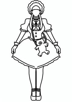 クマを身につけたロリータ　線画 全身,ロリータ,フリル,テディベア,ワンピース,リボン,正面,線画のイラスト素材