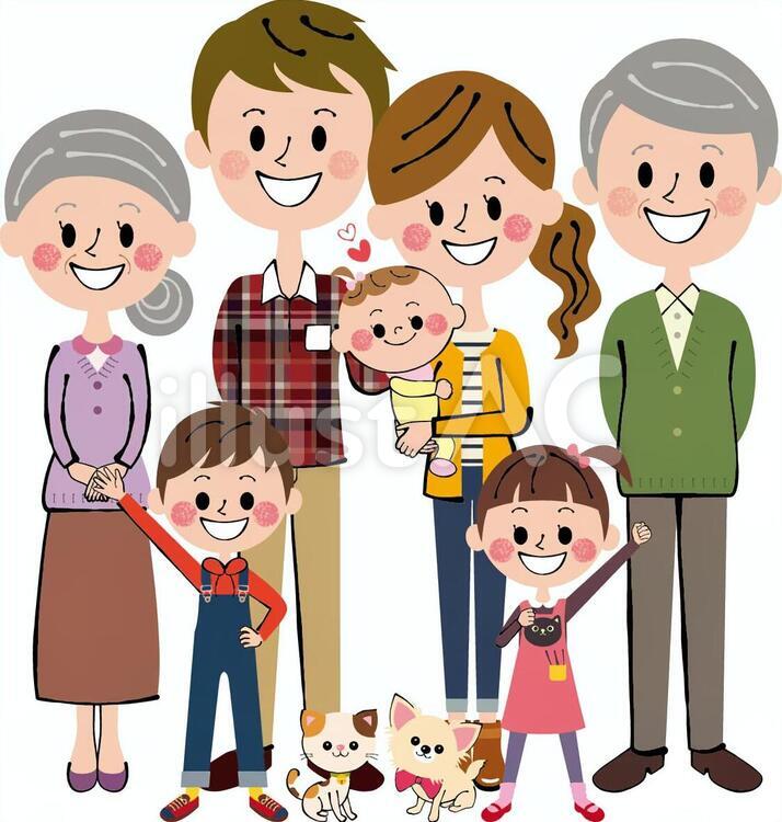 犬猫7人家族赤ちゃん女の子三世帯長袖全身 家族,人物,子供のイラスト素材