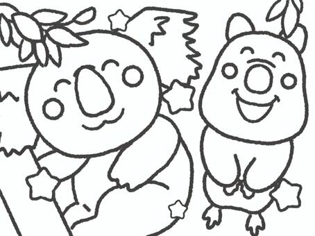 コアラとクォッカのかわいい塗り絵イラスト ぬりえ,塗り絵,コアラ,クォッカ,クォッカワラビー,白黒,主線,線画,かわいい,動物のイラスト素材