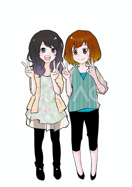 ピースをする二人組の女の子 人物,ピース,女の子のイラスト素材