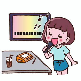 カラオケボックスで歌う女性 手描き,歌,歌う,マイク,カラオケ,ヒトカラ,カラオケボックス,モニター,デンモク,飲み物のイラスト素材