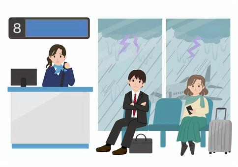 搭乗口前(豪雨・雷雨欠航) 空港,搭乗口,アナウンス,搭乗待合室,飛行機,ビジネスマン,旅行,雷雨,豪雨,遅延のイラスト素材
