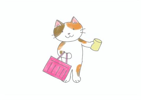 お買い物三毛猫さん ベクター 買い物,三毛猫,手描きのイラスト素材