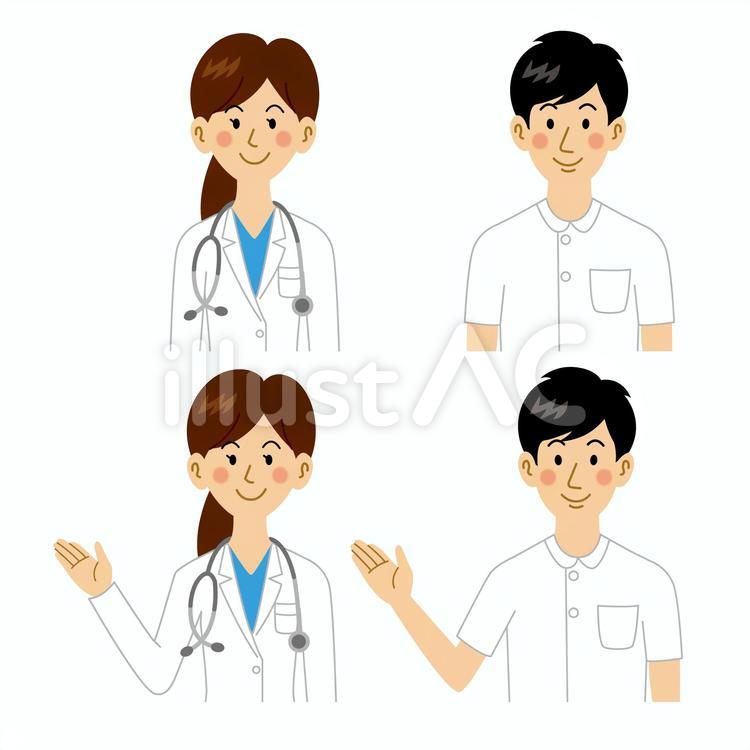 紹介する女医と看護師 医者,女医,看護師のイラスト素材