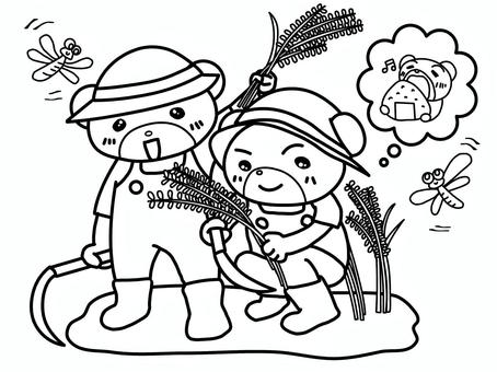 食育ぬりえ（稲刈り　くま） 稲刈り,米,ぬりえ,くま,食育,秋,新米,おにぎり,幼稚園,学校のイラスト素材