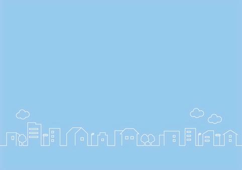 A4横シンプルな街並みの背景(ブルー) 街並み,水色,線画,白抜き,住まい,背景,ビル,建物のイラスト素材