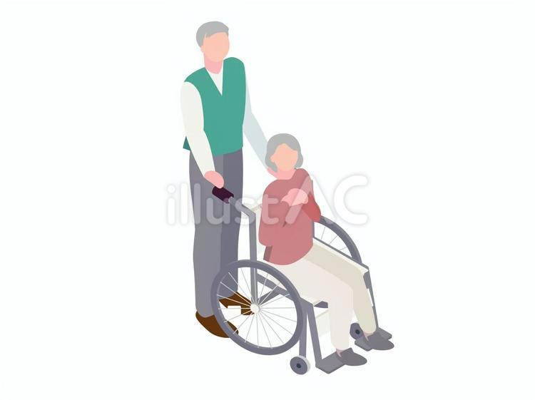 車椅子を押すシニア夫婦のアイソメ 車いす,治療,介護のイラスト素材