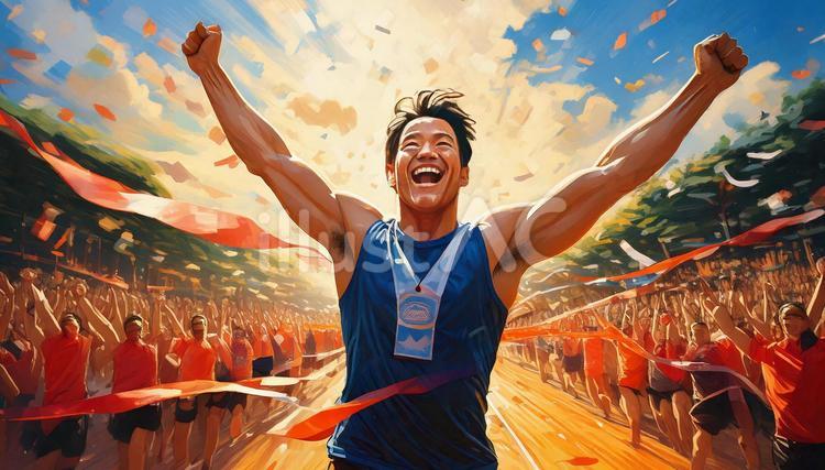 ゴールテープを切ってゴールする マラソン,徒競走,スポーツウエアのイラスト素材