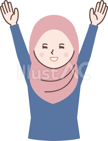 笑顔で両手をあげる外国人女性