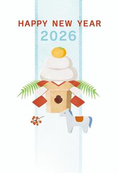 年賀状2026 馬の置物と三方の鏡餅 縦 年賀状,2026年,テンプレート,鏡餅,三方,馬,置物,お正月,可愛い,正月のイラスト素材
