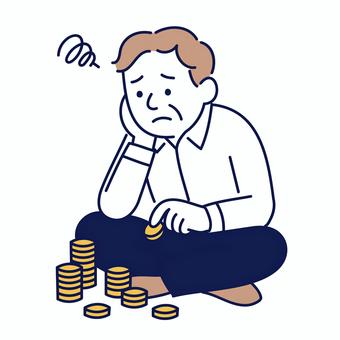 お金を数えて悩む男性の姿 男性,お金,コイン,貧困,金欠,節約,家計,困る,落ち込む,悩みのイラスト素材