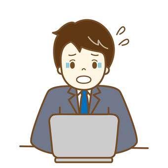 パソコンで慌てている男性社員1 パソコン,ノートパソコン,会社員,サラリーマン,スーツ,リモートワーク,テレワーク,デスクワーク,在宅ワーク,操作のイラスト素材