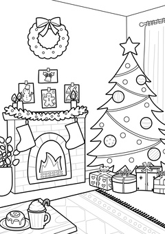 クリスマスの部屋の塗り絵 クリスマス,12月,冬,クリスマスツリー,クリスマスリース,クリスマスソックス,暖炉,オーナメント,楽しい,お祝いのイラスト素材