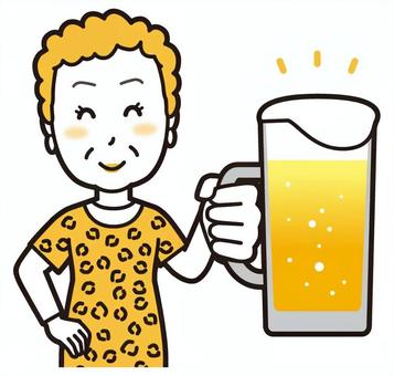  大阪のおばちゃん(黄)-188-バスト ビール,笑顔,おばちゃん,大阪,ヒョウ柄,おばはん,中年,女性,関西,派手のイラスト素材