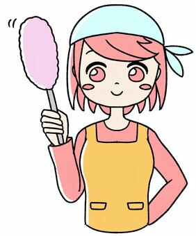 桃色の女の子が埃とりを持つ 女の子,ピンク,かわいい,手描き,埃とりのイラスト素材