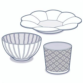 和食器3点_淡色版 和食器,食器,やきもの,焼き物,陶器,瀬戸物,瀬戸焼,陶芸,茶碗,皿のイラスト素材
