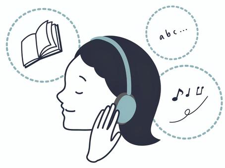 オーディオブックや音楽を聴く女性 人物,オーディオブック,リスニング,音楽,ミュージック,聞く,聴く,読書,音声,音声学習のイラスト素材