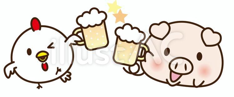 鶏と豚の酌み交わす酒 鶏,酉,鳥のイラスト素材