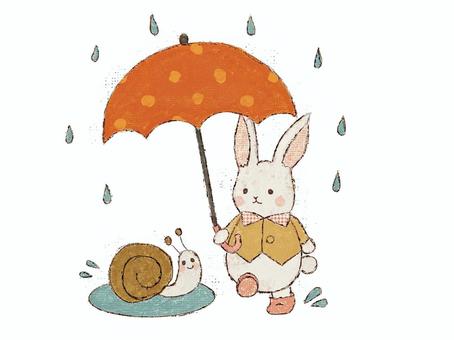 傘を持ったうさぎとカタツ外出 うさぎ,動物,カタツムリ,傘,雨,雨傘,水たまり,長靴,梅雨,6月のイラスト素材