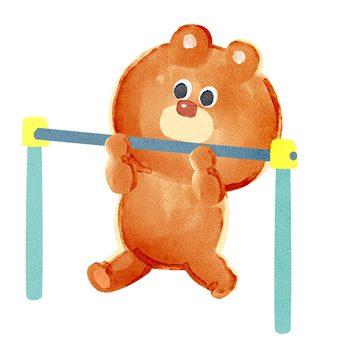 水彩画_鉄棒するクマ_01 熊,動物,手描き,水彩画,遊具,体育,体操,運動,鉄棒,遊ぶのイラスト素材