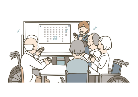 高齢者施設での音楽レクリエーション 介護,介護士,職員,レクリエーション,レク,音楽,歌,歌う,合唱,リズムのイラスト素材