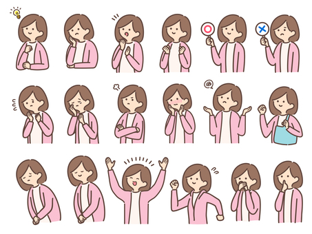 シンプル人物イラストセット/女性・18種 セット,フルカラー,人物,女性,シンプル,表情,リアクション,挿し絵,ひらめく,悩むのイラスト素材