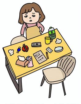 テーブルの上が散らかっている2 女性,かわいい,ゆるい,手描き,散らかる,テーブル,椅子,ごちゃごちゃ,片付け,ごみのイラスト素材