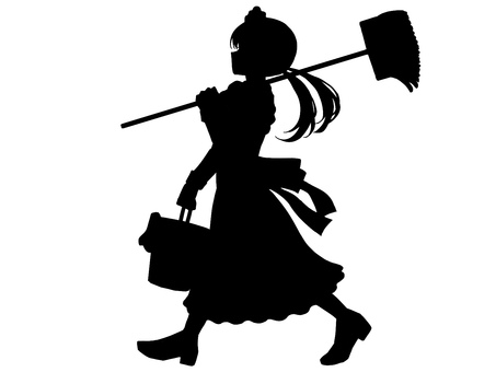 モップとバケツを運ぶメイドさんシルエット メイド,女の子,シルエット,立ち絵,trpg,全身,横顔,人物,黒,少女のイラスト素材