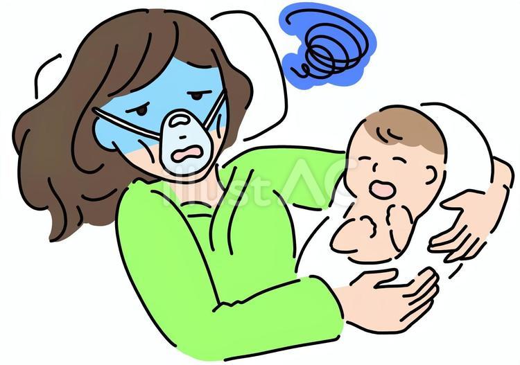 酸素マスク使用する疲労した母と子　カラー 酸素,マスク,補助のイラスト素材
