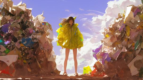 ゴミの山と黄色いレインコート ゴミの山と黄色いレインコート 環境,廃棄物,人物のイラスト素材