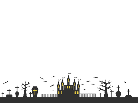 ハロウィンの怪しい館のフレーム背景　5 ハロウィン,秋,フレーム,10月,城,手描き,コウモリ,シンプル,かわいい,飾り罫のイラスト素材