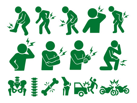 痛みを表現したピクトグラムセット 交通事故,バイク,骨,骨盤,痛み,腰痛,捻挫,膝痛,人,セットのイラスト素材