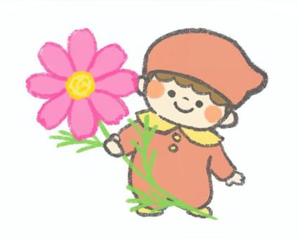 コスモスと秋のこびと こびと,妖精,コスモス,秋,花,季節,秋桜,ピンク,かわいい,手書き風のイラスト素材