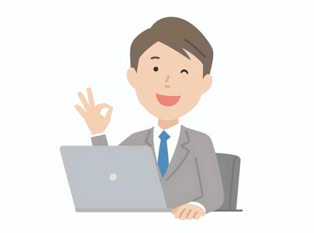 パソコンでグッドサインする男性 ビジネスマン,スーツ,ネクタイ,男,シンボル,若い,サラリーマン,ポーズ,日本人,ビジネスパーソンのイラスト素材