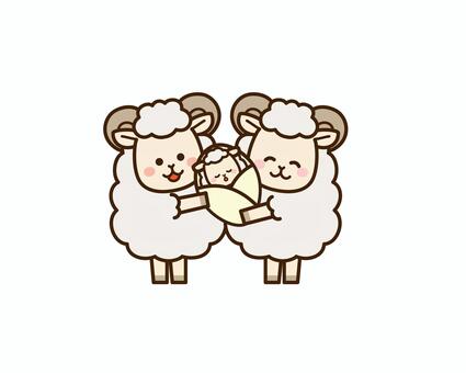 羊ファミリー　赤ちゃんを抱いた夫婦 ひつじ,羊,家族,赤ちゃん,かわいい,ヒツジ,未,挨拶,干支,十二支のイラスト素材