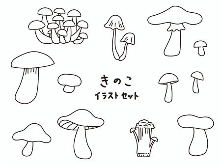 キノコの線画イラストセット キノコ,線画,しめじ,セット,ぶなしめじ,榎茸,マッシュルームのイラスト素材