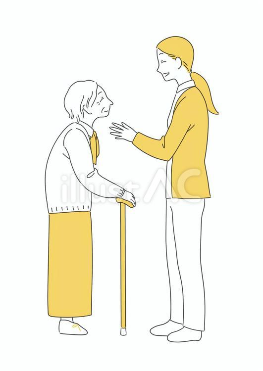 おばあちゃんと女性 おばあちゃん,スタッフ,杖のイラスト素材