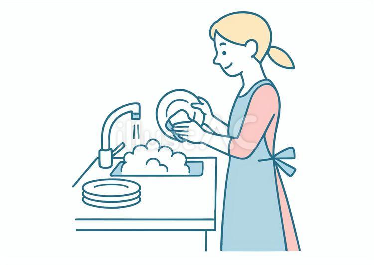 皿洗いをするエプロン姿の女性のイラスト 皿洗い,家事,台所仕事のイラスト素材