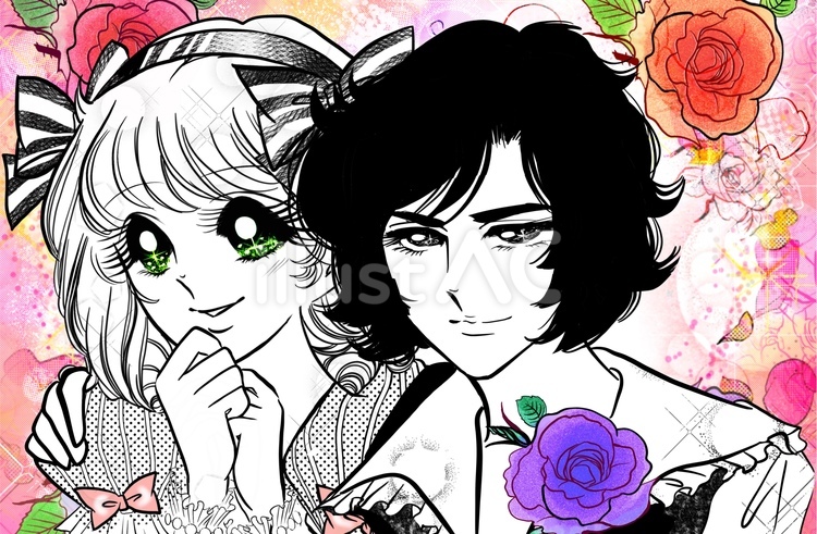 昭和少女漫画風美男美女カップルと花園背景 少女漫画,漫画,男性のイラスト素材