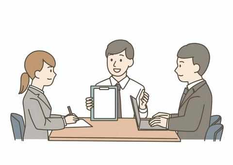 会議で説明するビジネスマンと聞く同僚たち 会議,打ち合わせ,ミーティング,会社,オフィス,プレゼン,説明,サラリーマン,ビジネスマン,ビジネスウーマンのイラスト素材