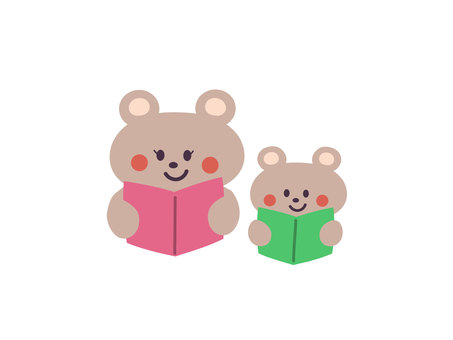 親子で読書するクマさん クマ,読書,本,秋,親子,母,子,ベクター,手描き,アイコンのイラスト素材